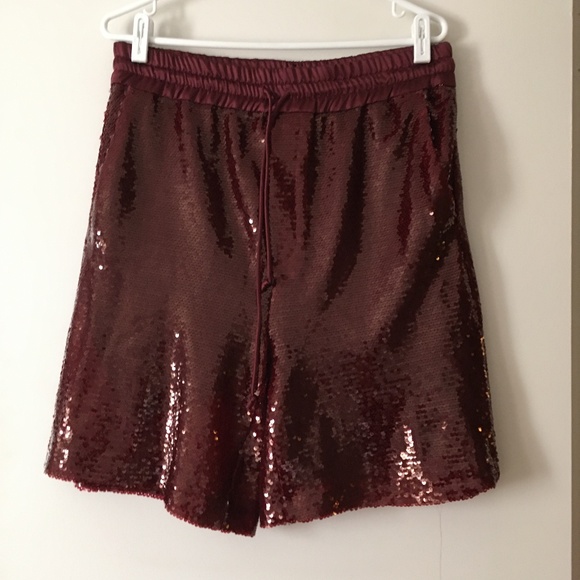 ZARA Burgundy Red Sequin Pull On Shorts L - Picture 3 of 7